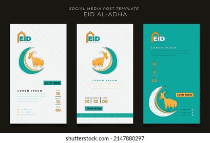 Set of social media template with line drawing of crescent and goat in white and green background