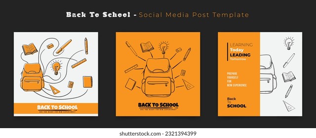 Set of social media template with line art of school stationary design for back to school campaign