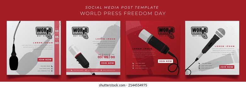 Set Of Social Media Template With Microphone For World Press Freedom Day In White Red Background