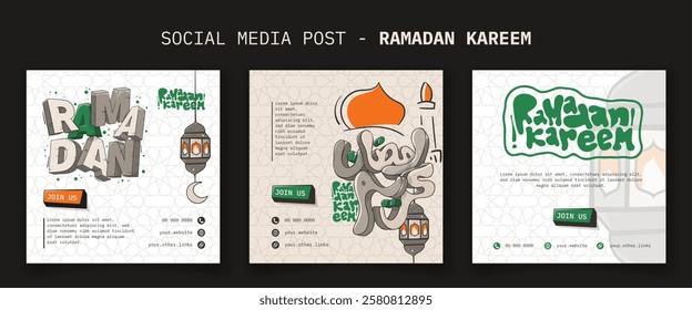 Set of social media template for ramadan kareem with cartoon typography in 3d art design. islamic banner template for campaign. arabic text mean is ramadan kareem