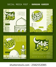 Set of social media template for ramadan kareem with arabic typography in cartoon design. Arabic text mean is may you be well throughout the year, and other arabic text mean is hello ramadan