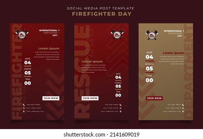Set of social media template with red and gold background for firefighter day in portrait design