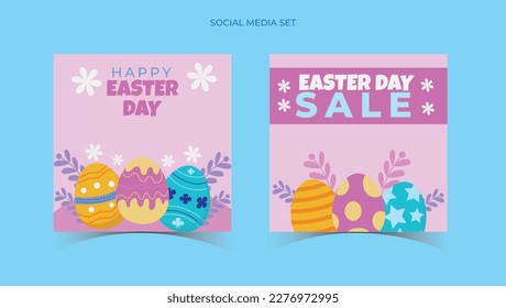Set a social media template with a silhouette of Easter eggs and flowers in a flat style. Illustration holiday easter eggs in pastel colors and space for your text. Vector