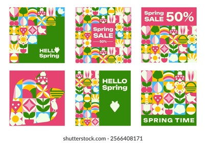 The set of social media template with Spring patterns and icons, Bauhaus Geometric style