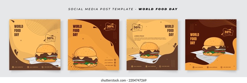 Set of social media template in yellow and brown background with burger design for world food day