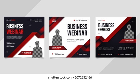 Set of social media templates for Business Webinar, Marketing Webinar business conference and other seminars on black and white background and red ribbon