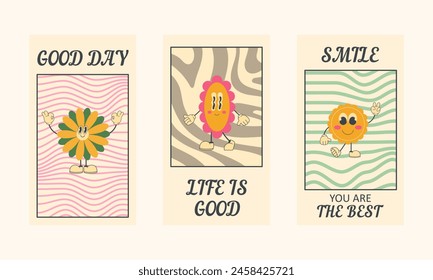 Set of social media templates with cartoon groovy characters in 90s style. Retro poster