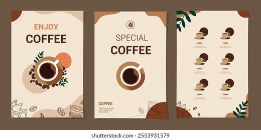 Set of social media templates coffee beans and coffee mug, cards, banner, brochure, poster, cover, cafe menu. Vector illustration.