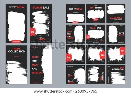 A set of social media templates designed with a modern and high-contrast style. The background is black with thick white brush strokes that serve as placeholders for photos or text