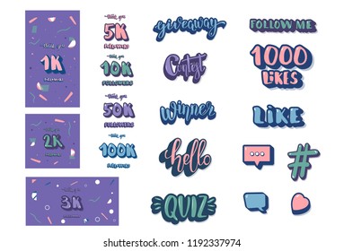 Set of  social media templates and elements. Banners  and decoration for internet networks.  1K, 2K, 3K, 5K, 10K, 50K, 100K followers thank you congratulation posts. Vector illustration. 