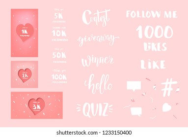 Set of  social media templates and elements. Banners, phrases  and decoration for internet networks.  1K, 2K, 3K, 5K, 10K, 50K, 100K followers thank you congratulation posts. Vector illustration. 