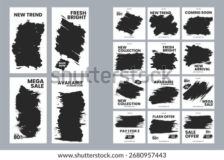 A set of social media templates featuring a modern and dynamic design. The background has bold black brush strokes that serve as placeholders for images or photos