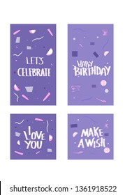 Set of social media templates with Happy Birthday lettering and decoration. Backgrounds for stories and posts. Vector illustration.