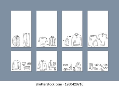 Set of social media templates with men apparel and accessories set in doodle style. Collection of male clothes, shoes.  Vector illustration. 