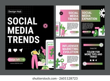 Set of Social Media Templates Neobrutalism, Bright Colors, Trends in Social Media Design