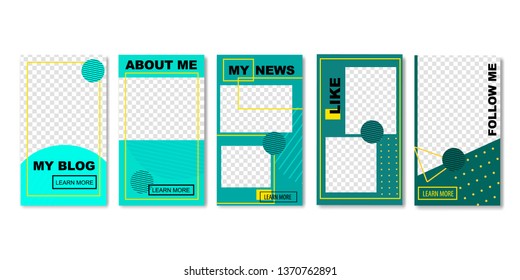 Set of Social Media Templates for Photos Vector Illustration. Blog concept with such Sections as About Me, My News, Like, Follow Me. Geometric Shapes and Forms with Dots and Lines.