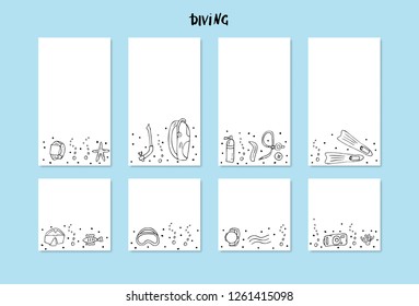 Set of social media templates of scuba diving elements  and equipment. Underwater activity symbols, gears  and accessories in doodle style. Backgrounds for stories and posts. Vector illustration.