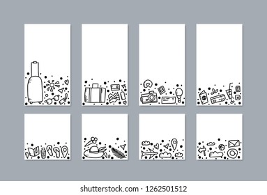Set of social media templates of travel symbols in doodle style.  Collection of  handdrawn elements in doodle style. Backgrounds for stories and posts.
