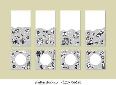 Set of social media templates of vector sport activities symbols in doodle style. Fitness vector concept. Backgrounds for stories and posts with healthy lifestyle tools. 