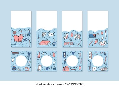 Set of social media templates of vector office supplies. Collection of stationery in doodle style. Backgrounds for stories and posts.
