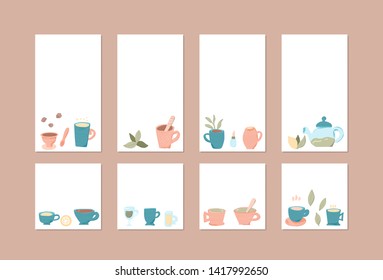 Set of social media templates of vector tea cups. Collection of  in doodle style. Backgrounds for stories and posts.  Vector illustration. 