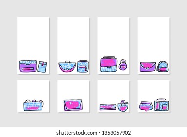 Set of social media templates with woman handbags. Backgrounds for stories and posts.
with purses in doodle style. Fashion accessories elements. Vector illustration.