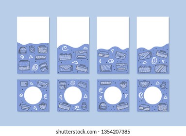 Set of social media templates with woman handbags. Backgrounds for stories and posts.
with purses in doodle style. Fashion accessories elements. Vector illustration.