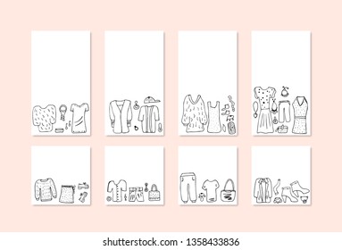 Set of social media templates woman apparel and accessories in doodle style. Collection of female fashion symbols, clothes, shoes. Backgrounds for stories and posts. Vector illustration. 