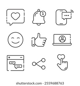 set of social media themed line art editable icons