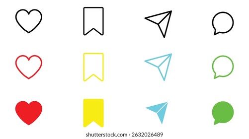 Set of social media user interface icons. Like, comment, share and save icons vector.