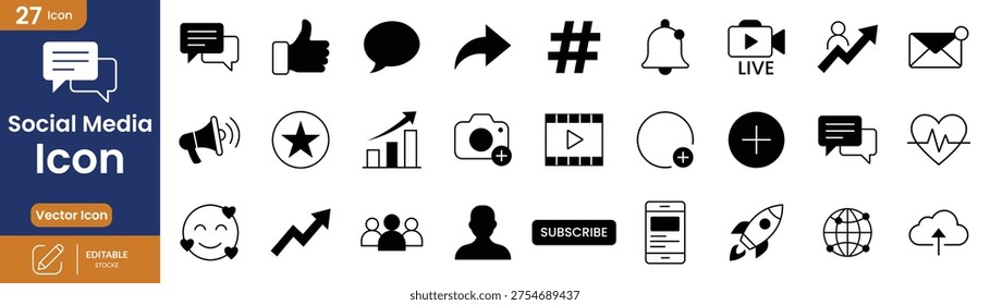 Set of social media vector icons in solid black style featuring communication tools engagement metrics growth charts and user interaction elements Perfect for digital platforms and marketing
