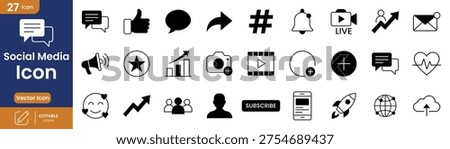 Set of social media vector icons in solid black style featuring communication tools engagement metrics growth charts and user interaction elements Perfect for digital platforms and marketing