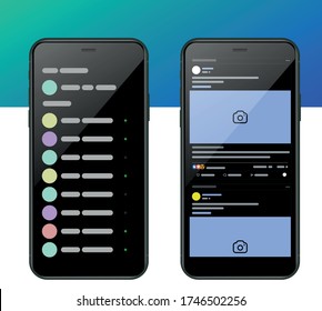 Set of social media Vector Mockup in dark Color Theme on Frameless Smart Phone Screen. Inspired by popular social resources. Vector illustration