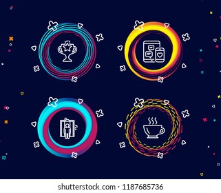 Set of Social media, Victory and Elevator icons. Coffee sign. Mobile devices, Championship prize, Lift. Cappuccino.  Circle banners with line icons. Gradient colors shapes. Vector