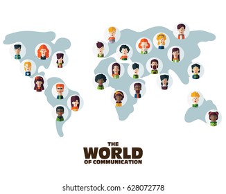 Set of social multi-ethnic people icons on World map. Male and female faces avatars. Communication and people connection vector concept