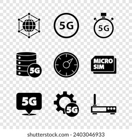 Set Social network, 5G, Digital speed meter, Location, Setting, Router and wi-fi signal, Server and  icon. Vector