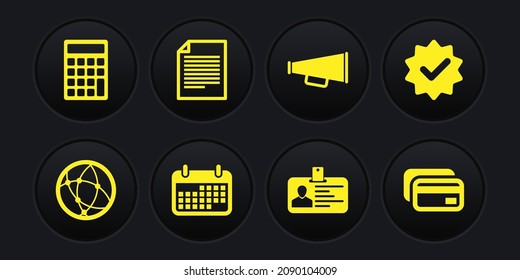 Set Social network, Approved and check mark, Calendar, Identification badge, Megaphone and Document icon. Vector