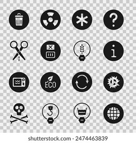 Set Red social, Explosión de bomba, Información, Símbolo médico de la emergencia, Lavado a temperatura, Tijeras con línea de corte, Papelera e icono de grano sin gluten. Vector