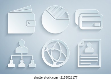Set Social network, Credit card, Referral marketing, Resume, Pie chart infographic and Wallet icon. Vector