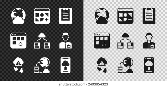 Establecer red social, archivos diferentes, servidor, informe de datos, hackeo en la nube, conexión en la nube de red, transferencia de datos de tecnología, ventana de carga e icono. Vector