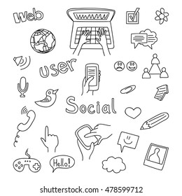 Set of social network doodle, hand drawn elements.