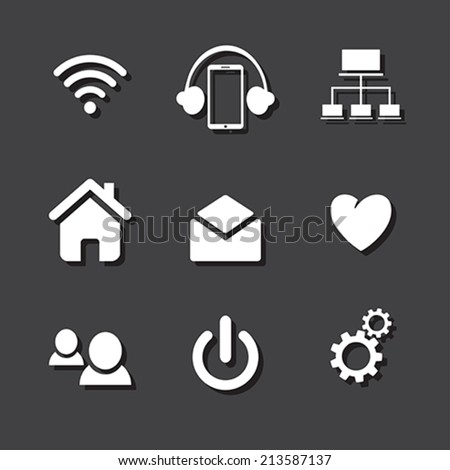 Set of social network icons with  cloud computing, mail, people  chat, heart and in white  silhouette isolated on gray  background.  Vector Illustration.  