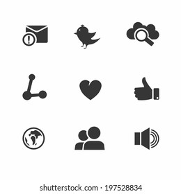 Set of social network icons with links twitter bird cloud computing mail like hand people chat global network heart and contacts in black silhouette vector illustration