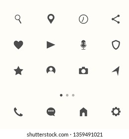 Set of social network icons, media interface buttons: home, camera, comment, search, photo camera, heart, like, user story. Black and white colors. Vector illustration. EPS 10