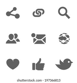 Set of social network icons. Twitter, bird, search, computing mail, like hand, links, people,global network, heart. Vector illustration