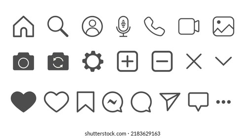 set of social network interface icons for websites and applications - home page, camera, comment, search, camera, heart, like, user history, etc. Flat style