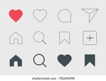 Set of social network media icons. Vector illustration. Likes, comments, home, message, flag, avatar, search icons.  