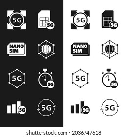 Social Network, Nano Sim Card, 5G, Digital Speed Meter und Icon. Vektorgrafik