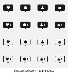 Set of social network notifications black and white vector icon.
