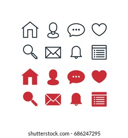 Set of social network pictographs, outlined and filled glyph for selected state
